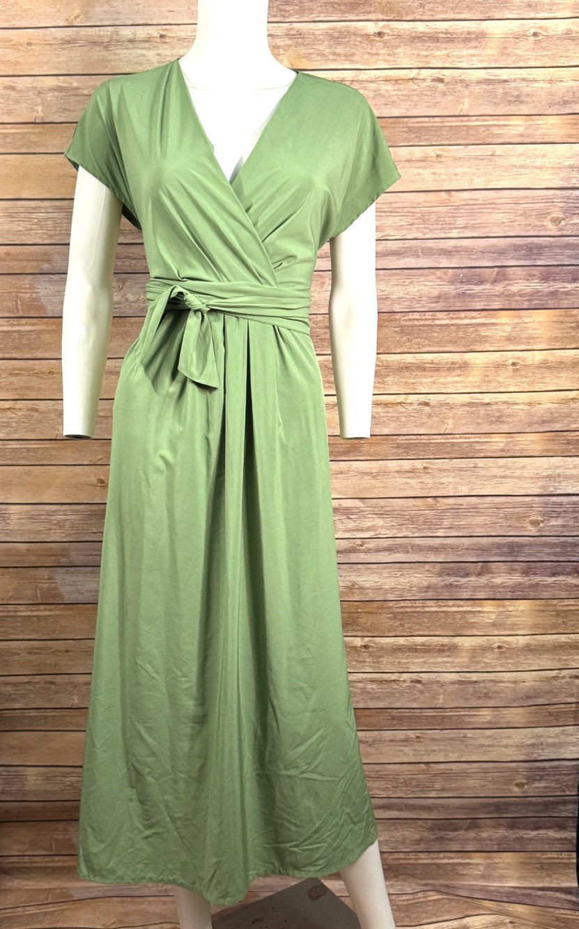 Halara Womens Breezeful V-Neck Short Sleeve Tie Waist Green Midi Dress L